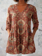 Load image into Gallery viewer, Women's Elegant Floral Pattern Round Neck Cotton and Linen Top