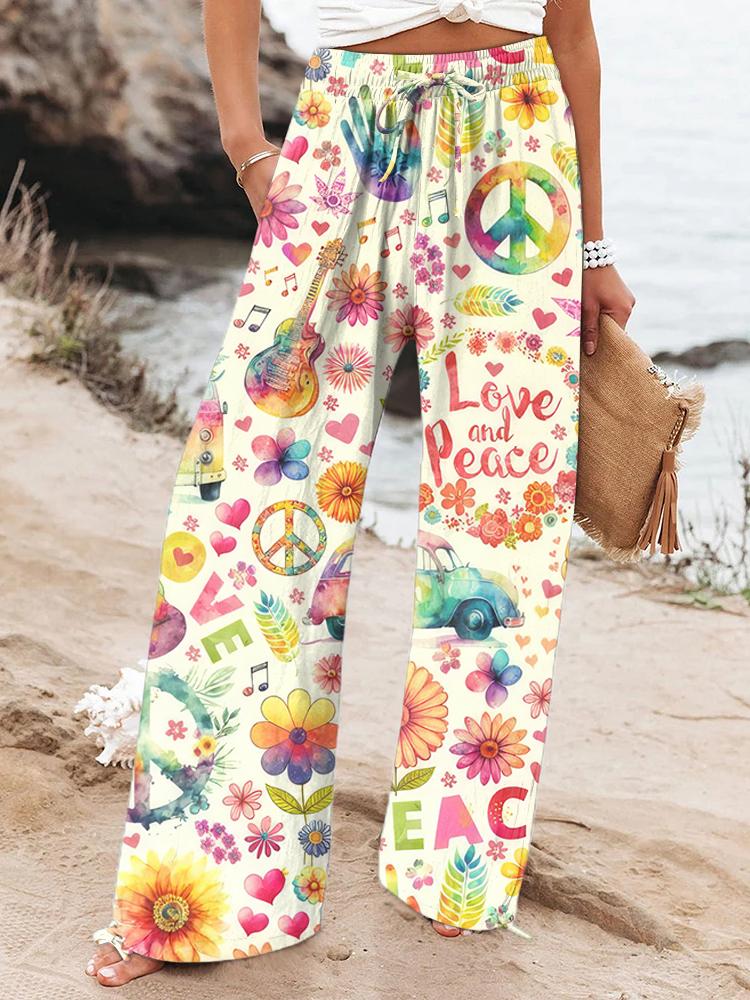 Women's Retro Hippie and Peace Printed Casual Pants