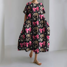 Load image into Gallery viewer, Halloween Skull Bow Print Casual Midi Dress