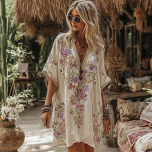 Load image into Gallery viewer, Women's Floral Embroidery Art V Neck Comfy Short Sleeve Midi Dress