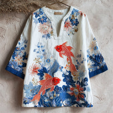 Load image into Gallery viewer, Japanese Goldfish Floral Embroidery Women's V-neck Shirt