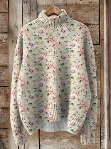 Oil Painting Peony Floral Pattern Printed Knit Turtleneck Pullover Sweater