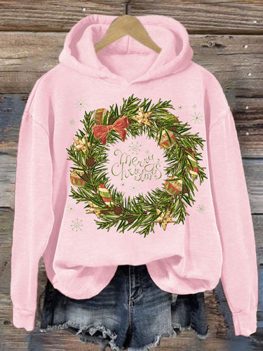 Women's Christmas Holly Print Hooded Sweatshirt