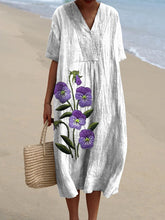 Load image into Gallery viewer, Embroidery Style Purple Pansy Floral Printed Women's Flowy Dress