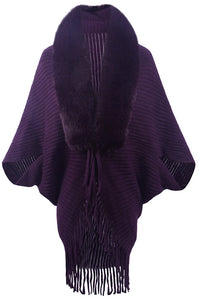 Fashionable Fur Collar Tassel Hem Knitted Shawl Cape