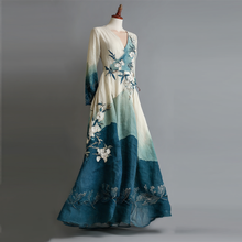 Load image into Gallery viewer, Women's Vintage Ink Painting Leaves And Flowers Linen Long Sleeve Dress