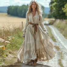 Load image into Gallery viewer, Women's Vintage V-neck Linen Pastoral Style Long-sleeve Maxi Long Dress