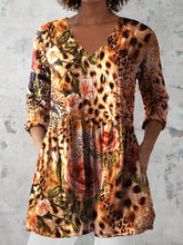 Load image into Gallery viewer, Women's Retro Leopard Floral Art Print Casual Cotton And Linen V-neck Top