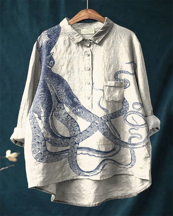 Japanese Octopus Art Print Casual Cotton and Linen Shirt