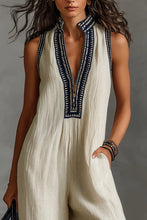 Load image into Gallery viewer, Linen blend sleeveless jumpsuit with zipper and embroidered stand-up collar