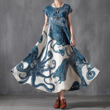 Load image into Gallery viewer, Japanese Art Style Whale And Ocean Print Vacation Style Cotton And Linen Mid-length Dress