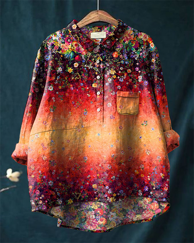 Vintage Multicolor Floral Print Casual Cotton and Linen Shirt