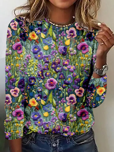 Elegant Violet Wildflower Embroidery Art Comfy T Shirt