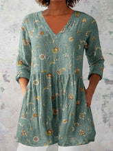 Load image into Gallery viewer, Women's Elegant Floral Pattern Round Neck Cotton and Linen Top