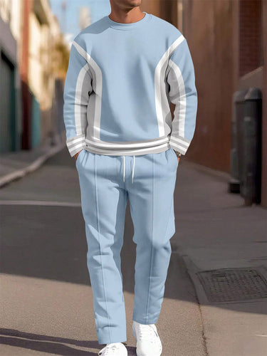 Men's Blue Color Block Round Neck Casual Sports Set 039