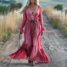 Load image into Gallery viewer, Women's Vintage Pastoral Style V-neck Linen Long-sleeve Maxi Long Dress