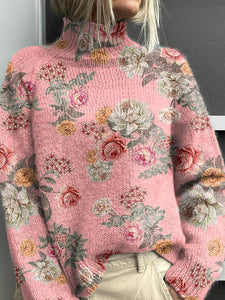 Women's Lovely Floral Art Print Knit Turtleneck Pullover Sweater