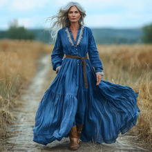 Load image into Gallery viewer, Women's Vintage V-neck Linen Long-sleeve Maxi Long Dress