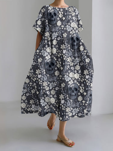 Halloween Skull Embroidered Print Casual Midi Dress