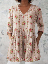 Load image into Gallery viewer, Women's Retro Floral Art Print Casual Cotton And Linen V-neck Top