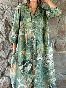 Women's Elegant Vintage Underwater World Pattern Print Shirt Style Cotton and Linen Dress