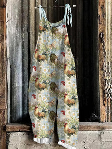 Farm Chicken Print Loose Casual Jumpsuit