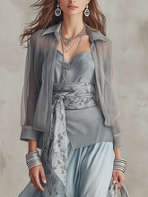 Load image into Gallery viewer, Elegant Dusty Blue Sheer Blouse &amp; Fitted Maxi Dress Co-ord Set