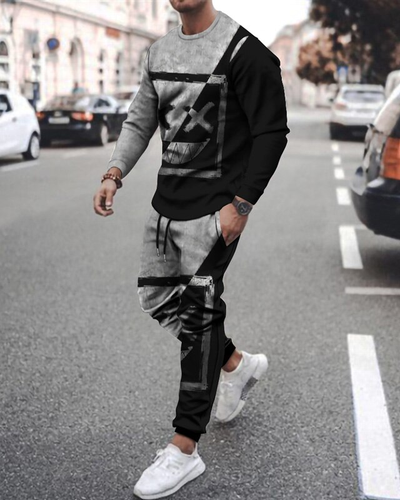 Men's casual Halloween color matching print long-sleeved sports set 044