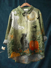 Load image into Gallery viewer, Vintage Lovely Ghost Black Cat Halloween Art Print Casual Cotton And Linen Shirt