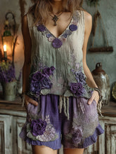 Load image into Gallery viewer, Women's Classic Purple Lavender And Floral Embroidered Linen  V-neck Vest And Linen Shorts Two-piece Set