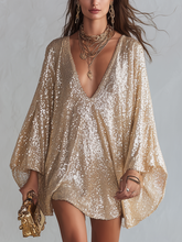 Load image into Gallery viewer, Champagne-colored Sequined Bohemian-style Mini Dress