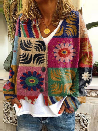 Vintage Printed V-Neck Long Sleeved Knitted Cardigan