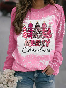 Women's Pink Leopard Christmas Tree Print Sweatshirt