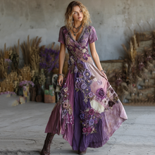Load image into Gallery viewer, Vintage Purple Patchwork And Floral Embroidered Art Linen Maxi Dress