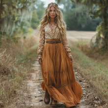 Load image into Gallery viewer, Women's Retro V-neck Country Pastoral Linen Style Long-sleeve Casual Maxi Long Dress