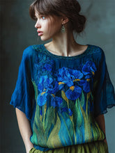 Load image into Gallery viewer, Oil Painting Irises Embroidered Flowy Linen Tunic
