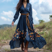 Load image into Gallery viewer, Women's Vintage V-neck Floral Bohemian Pastoral Style Long-sleeved Maxi Long Dress