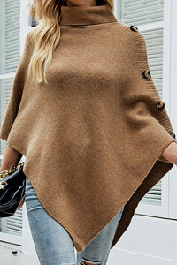 Solid Color Turtleneck Button-embellished Knitted Shawl Cape