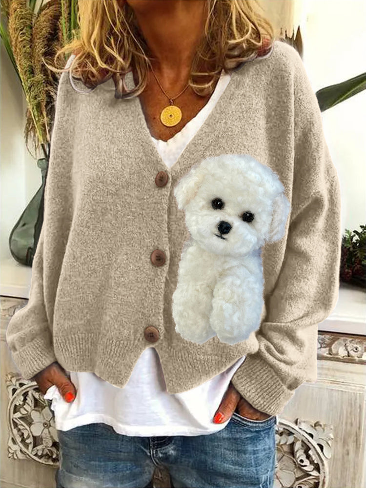 Fluffy Bichon Dog Plush Cozy Knit Cardigan