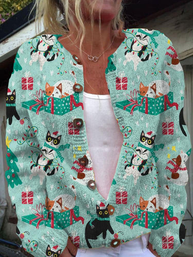 Vintage Cute Christmas Cats Print Buttoned Cardigan Sweater