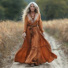 Load image into Gallery viewer, Women's Vintage Pastoral Style V-neck Linen Long-sleeve Maxi Long Dress