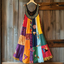 Load image into Gallery viewer, Boho Floral Embroidered Patchwork Linen Blend Dress a7fb