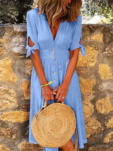Women's Solid Cotton Linen V-Neck Tie Half-Sleeve Casual Dress