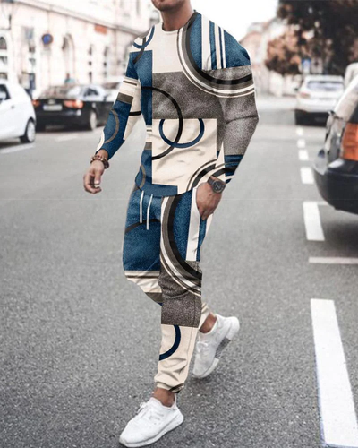 Men's casual color-block print color-block long-sleeved sports set 017