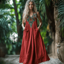Load image into Gallery viewer, Women's Elegant Ethnic Floral Sleeveless Linen Maxi Dress