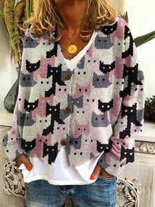 Crowded Cats Pink Crochet Art Cozy Knit Cardigan