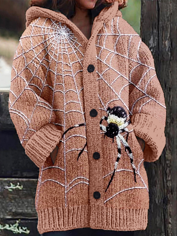 Cute Spider on the Web Embroidery Art Cozy Knit Cardigan