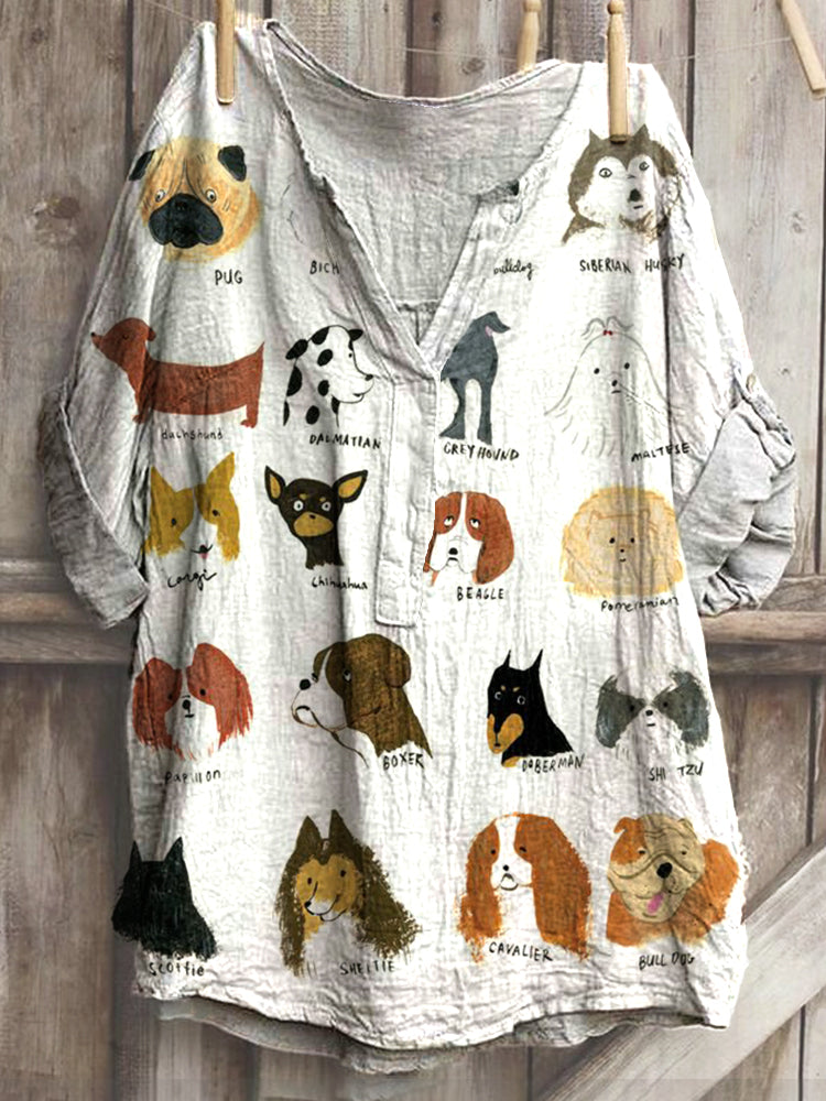 Cute Dog Art Pattern Casual Linen Blend Shirt