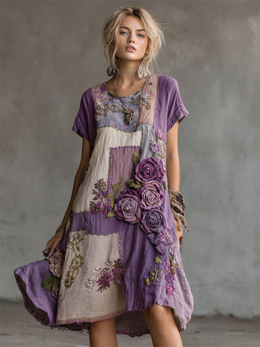 Vintage Roses Embroidered Cottage Patchwork Linen Dress