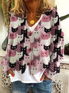 Crowded Cats Pink Crochet Art Cozy Knit Cardigan